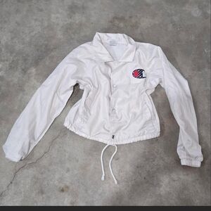 Vintage Champion White Coach-Style Bomber Jacket with Red & Navy Logo
